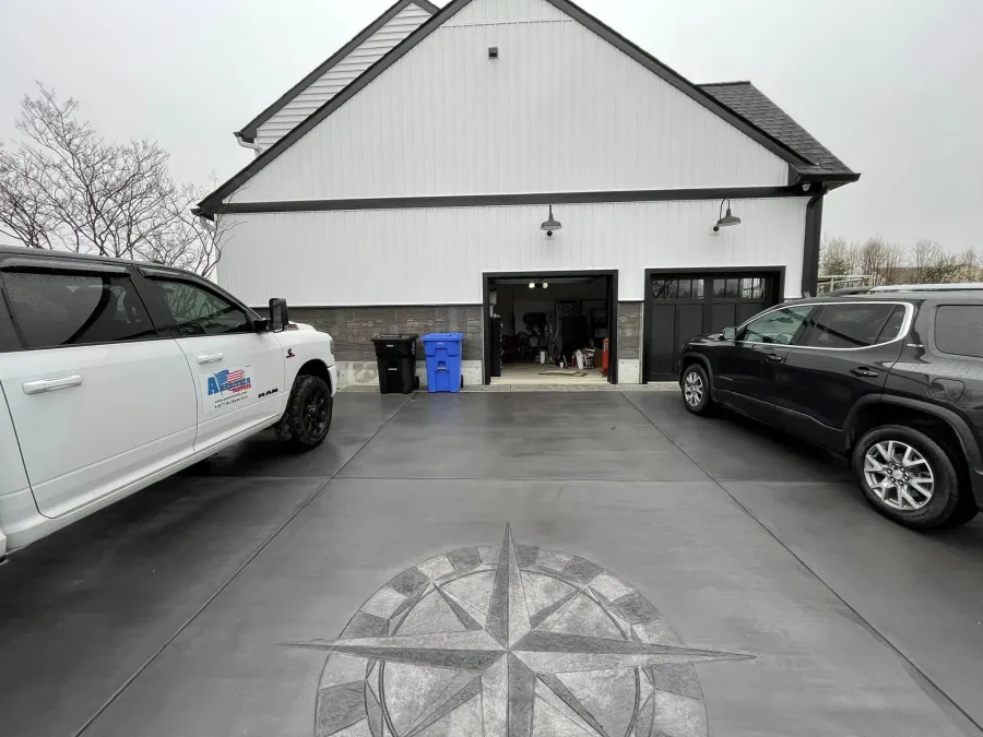 new roof replacement complete exterior remodel white vertical siding stone mullica hill new jersey farmhouse lighting stamped concrete